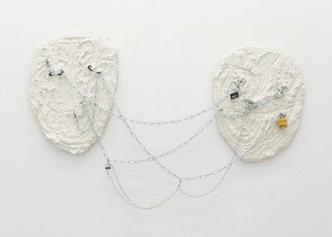 Double Hardware Expression <br /> hardware, plaster, wire, wood, 37 x 58 in. 2018