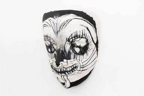 Puppy Mask <br /> oil stick, fiberglass, latex, and plaster 42 x 34 x 18 in. 2021
